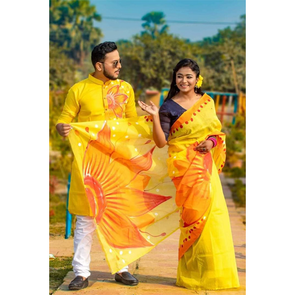 Designer Saree and Punjabi Couple Set With Embroidery Work Pure Cotton Mens  Kurta Authentic Cotton Saree With Blouse - Etsy