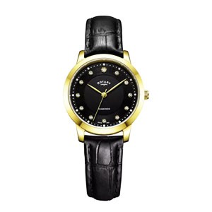 Rotary Ladies Diamond Set Dial Black Leather Strap Watch